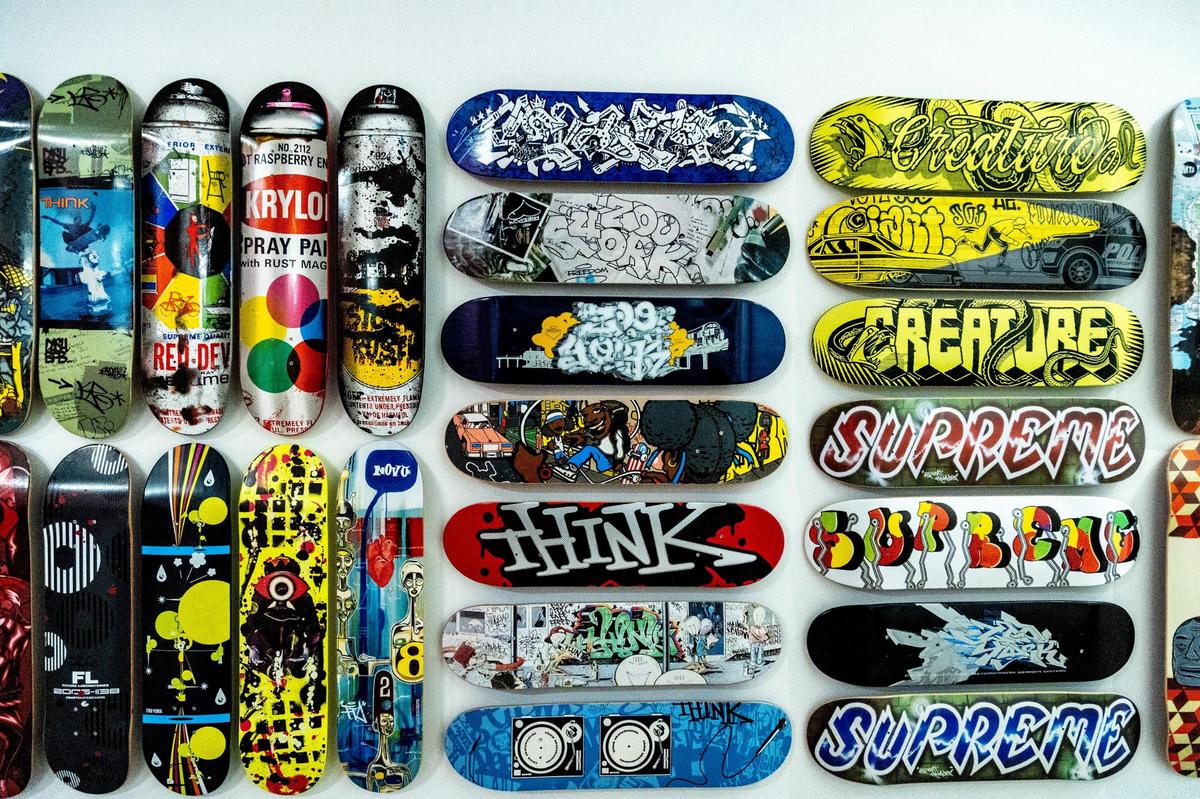 A display of skateboards at the new Museum of Graffiti.