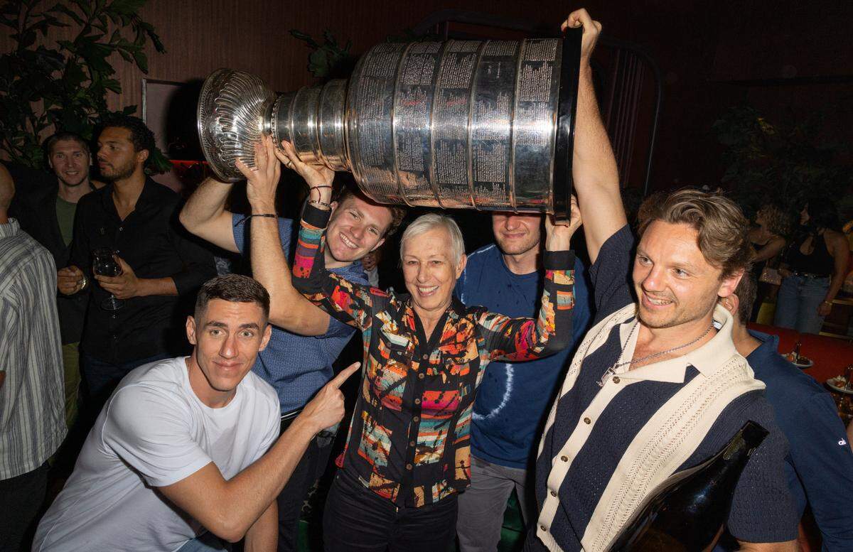 MIAMI, FLORIDA - JUNE 19: Tomas Nosek, Matthew Tkachuk, Martina Navratilova and Sam Reinhart are seen celebrating the 2025 Florida Panthers Stanley Cup win at Maple & Ash on June 19, 2025 in Miami, Florida. (Photo by Alexander Tamargo/Getty Images for Maple Hospitality Group)