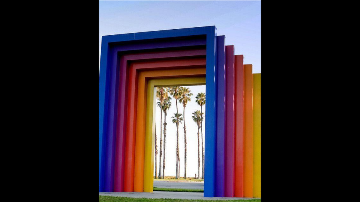A rainbow arch is one of the selfie stations at Selfie Skyline in downtown Miami.