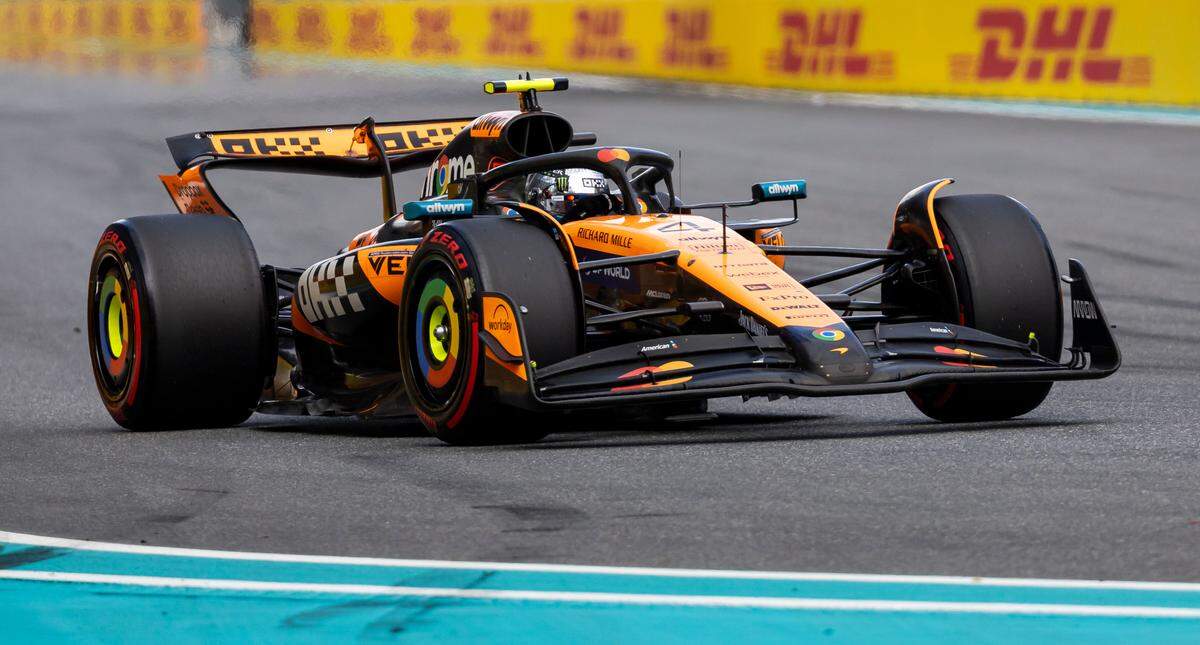 McLaren driver Lando Norris of Britain takes a turn during a Race Qualifying session on the second day of the Formula One Miami Grand Prix at the Miami International Autodrome on Saturday, May 3, 2025, in Miami Gardens, Fla.