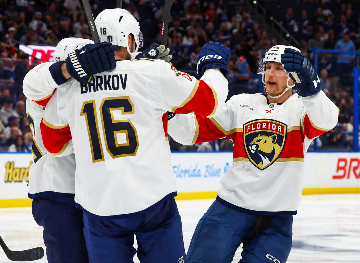 Florida Panthers center Aleksander Barkov (16) celebrates his goal making the sore 3-2 after beating Tampa Bay Lightning goaltender Andrei Vasilevskiy (88) at the beginning of the second period in game 5 of the first-round of the Stanley Cup Playoffs set Amalie Arena on Wednesday, April 30, 2025, in Tampa.