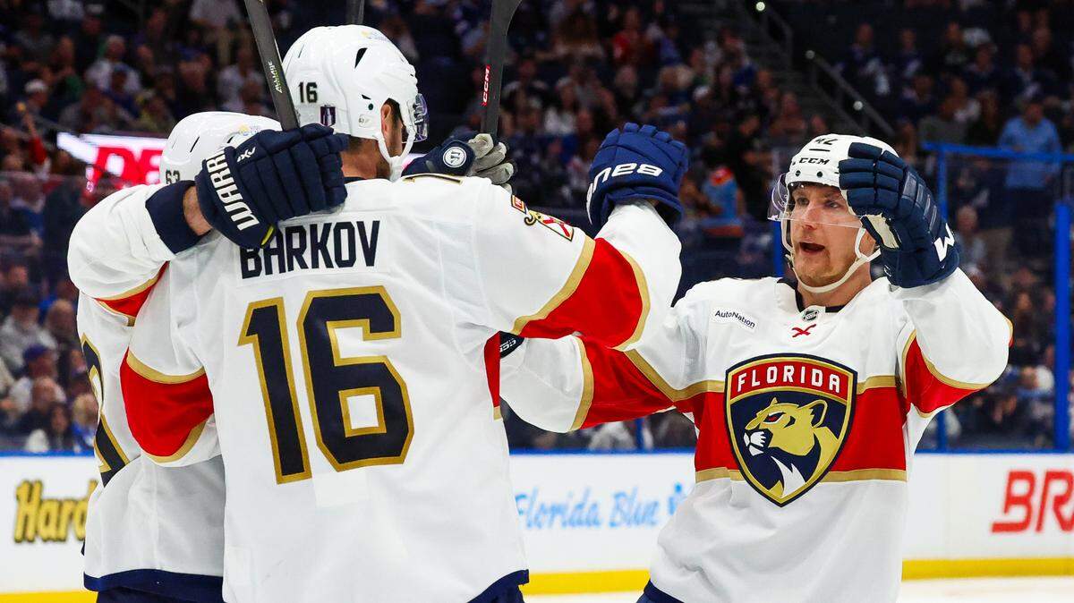 Florida Panthers center Aleksander Barkov (16) celebrates his goal making the sore 3-2 after beating Tampa Bay Lightning goaltender Andrei Vasilevskiy (88) at the beginning of the second period in game 5 of the first-round of the Stanley Cup Playoffs set Amalie Arena on Wednesday, April 30, 2025, in Tampa.
