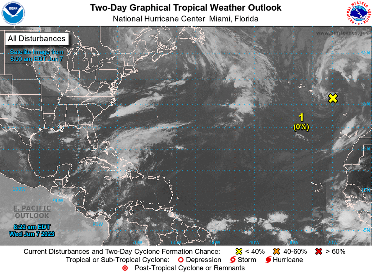 The National Hurricane Center is monitoring a non-tropical low pressure area over the northeastern Atlantic on Wednesday, June 7, 2023.