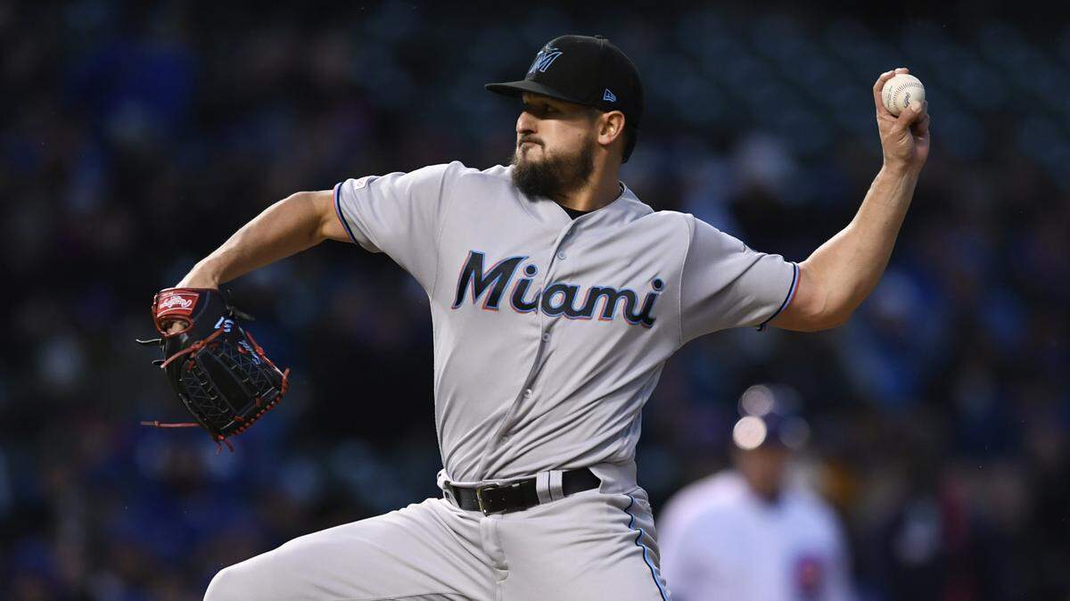 Miami Marlins starter Caleb Smith delivers a pitch during the first inning of a baseball game against the Chicago Cubs, Tuesday, May 7, 2019, in Chicago.