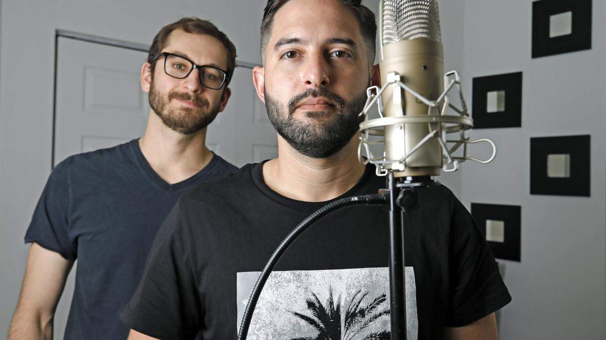 Creators of the Miami Podcast Paul Crucet, at right, and Nick McCrea, at left, in the Miami studio on Saturday, March 14, 2020.