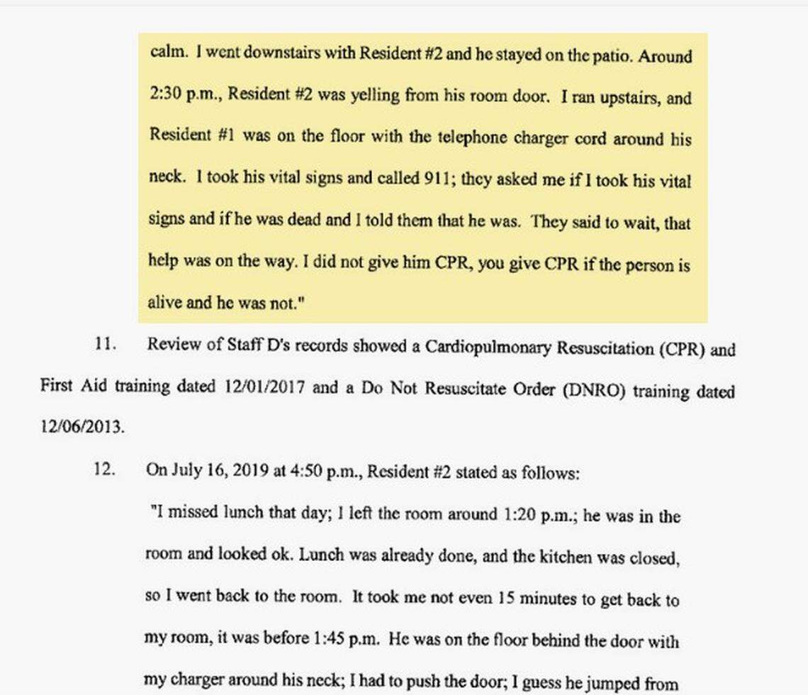 Portion of an Agency for Health Care Administration administrative complaint in 2019 seeking to revoke the license for Hialeah assisted living facility Villa Rosa IV after a finding that the home did not provide aid to a resident who had hanged himself in his room with a phone-charging cord.