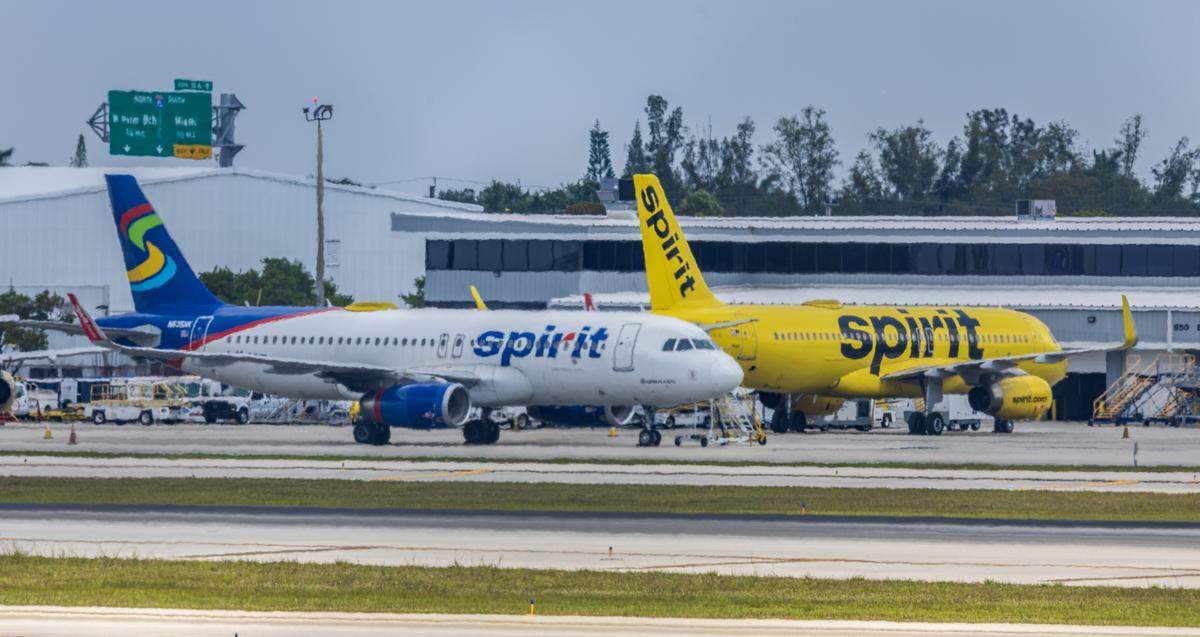 Airplanes from Spirit Airlines are grounded at Fort Lauderdale-Hollywood International Airport on Saturday, May 2, 2026.