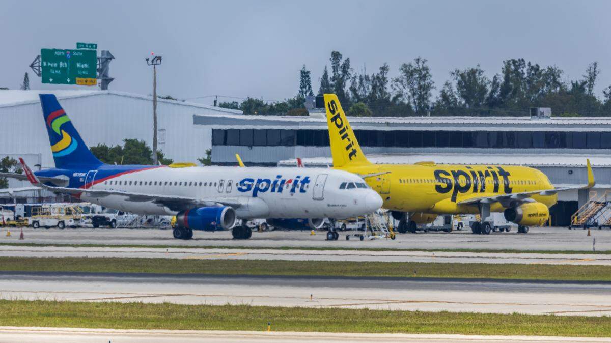 Spirit planes grounded at Fort Lauderdale-Hollywood International Airport after the airline shut down on Saturday, May 2, 2026.