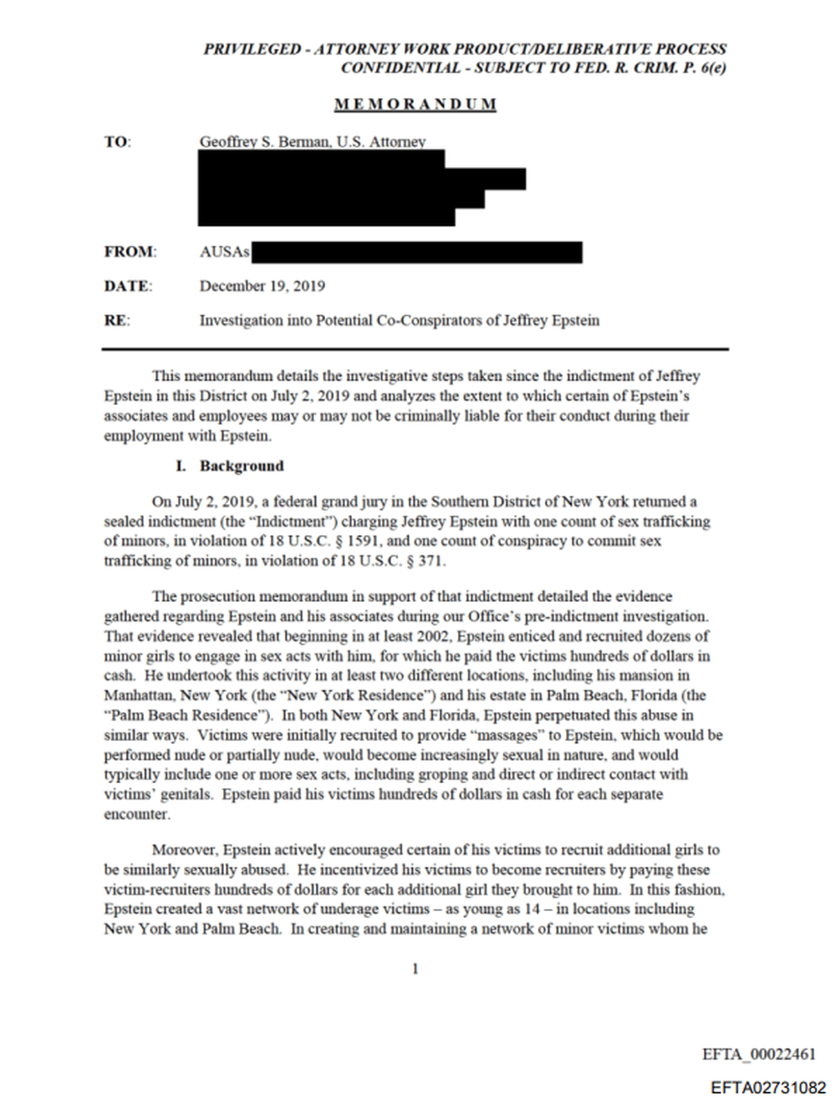 An 86-page prosecution memo sent to U.S. Attorney Geoffrey S. Berman on Dec. 19, 2019, titled ‘Investigation into Potential Co-Conspirators of Jeffrey Epstein.’