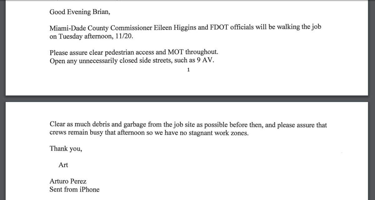 A Nov. 13, 2018 email from a state contractor on the Flagler Street reconstruction project urging extra work and street openings ahead of a county commissioner visiting the site.