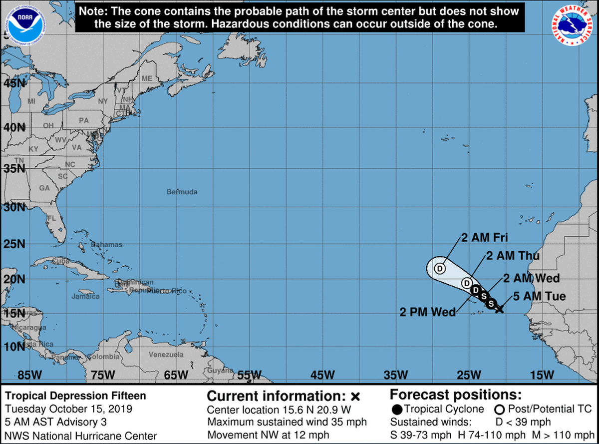 A “poorly organized” tropical depression fifteen is forecast to pass near or over the eastern Cabo Verde Islands before becoming tropical storm Nestor later Tuesday.&nbsp;