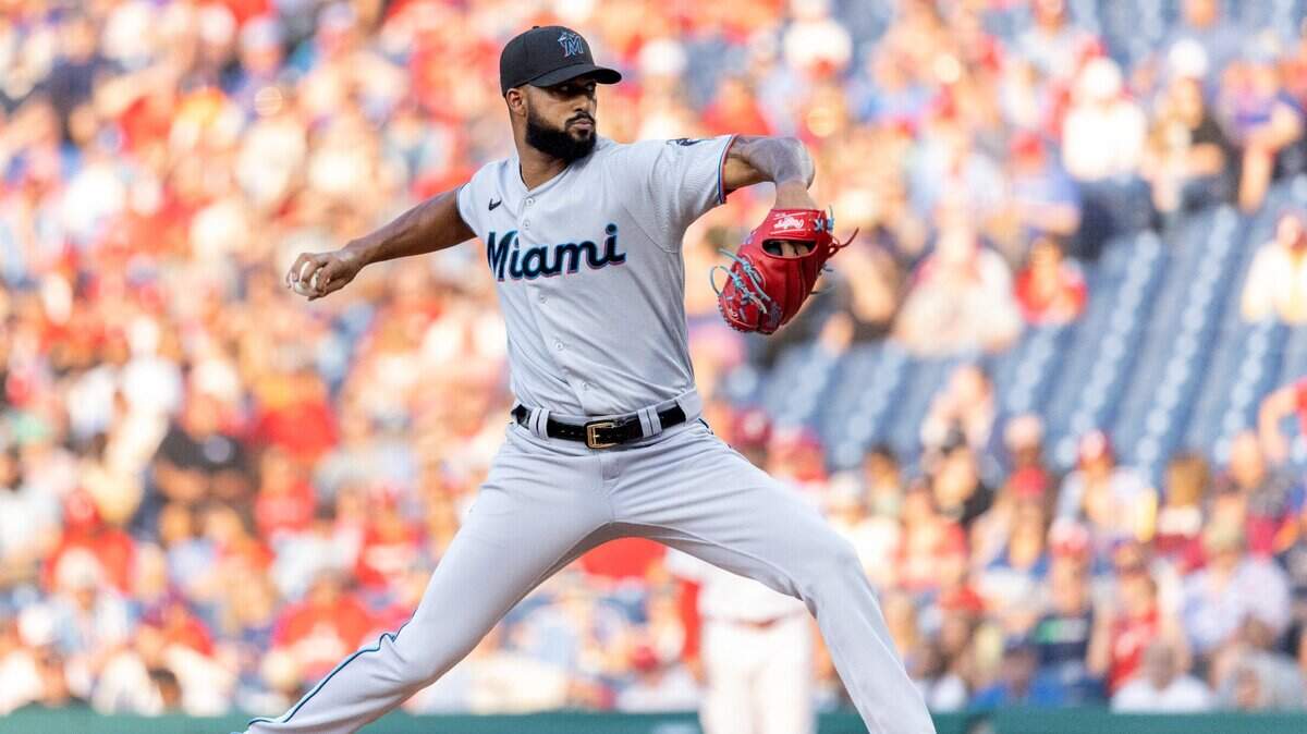 Miami Marlins starting pitcher Sandy Alcantara throws during the first inning of a baseball game against the Philadelphia Phillies, Monday, June 13, 2022, in Philadelphia.