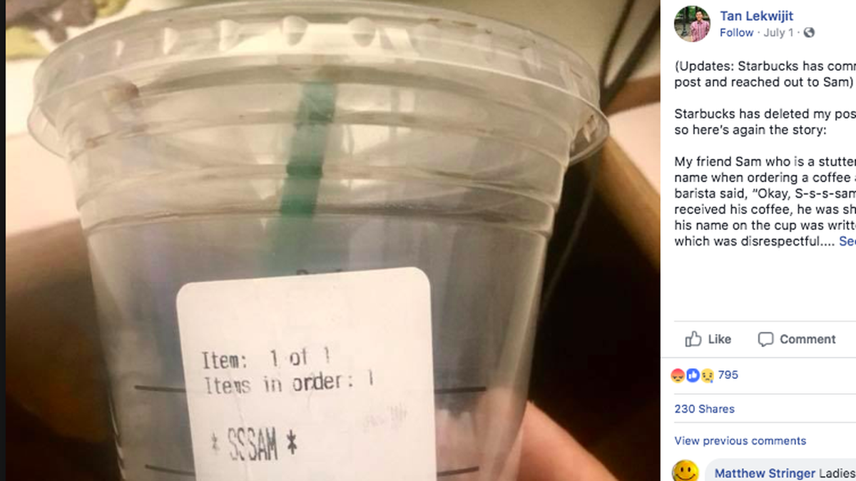 A Barista in a Philadelphia starbucks no longer works for the company after a man says the worker mocked his stutter and then wrote his name as "SSSam" on his drink.