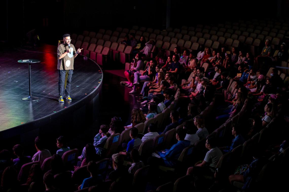 Student Pastor Luis Miguel Valentin speaks to teens during a CF Students worship service at Christ Fellowship Church in Palmetto Bay, Florida, on Friday, April 8, 2022.