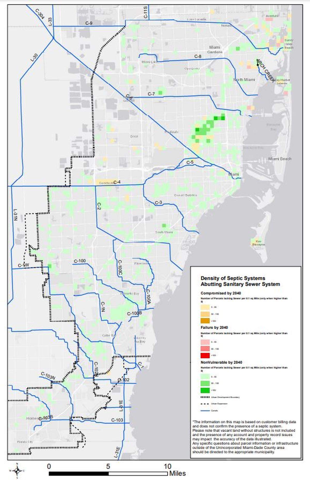 Este mapa del condado muestra qué propiedades con fosas sépticas están más cerca de las líneas de alcantarillado y, por tanto, son más fáciles de conectar.