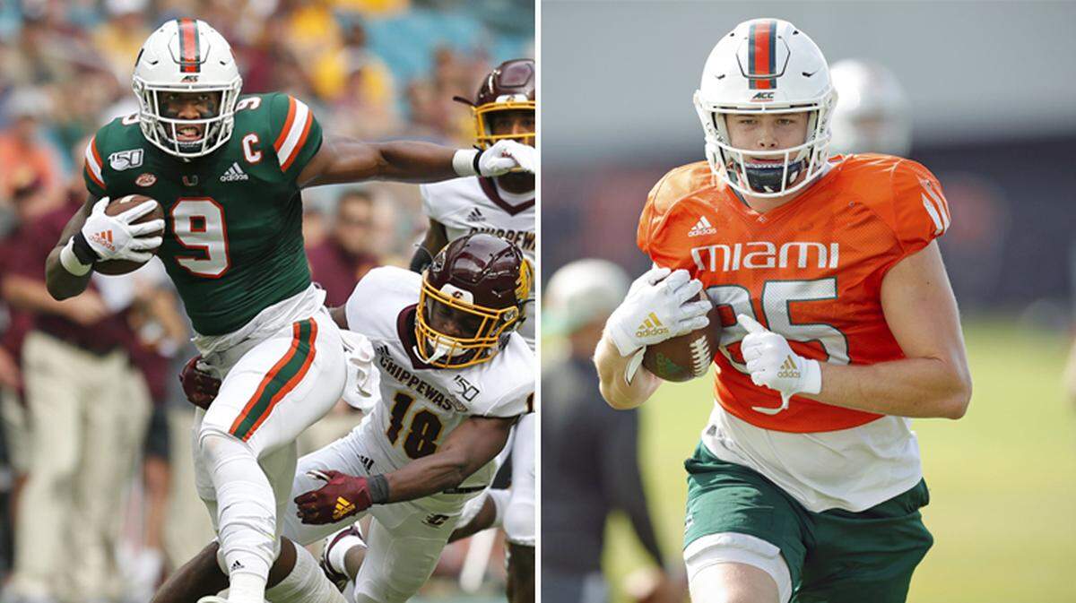 UM tight ends Brevin Jordan (left) and Will Mallory were both among the top players at their positions when they came to Miami in 2018. This season they could potentially be the nation’s top tight-end tandem.