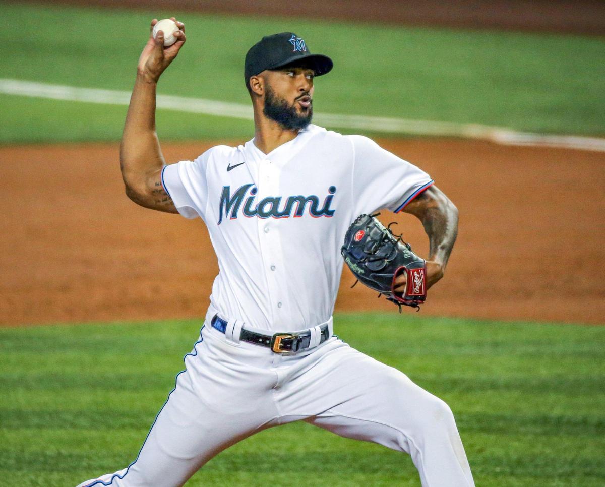 Miami Marlins starting pitcher Sandy Alcantara (22) pitches during game against the Tampa Bay Rays at loanDepot park in Miami on Thursday, April 1, 2021.