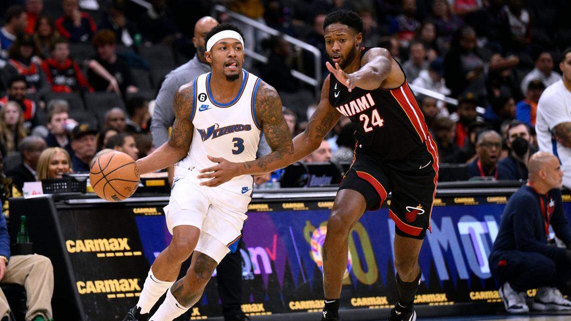 Washington Wizards guard Bradley Beal (3) drives against Miami Heat forward Haywood Highsmith (24) during the first half of an NBA basketball game Friday, Nov. 18, 2022, in Washington.