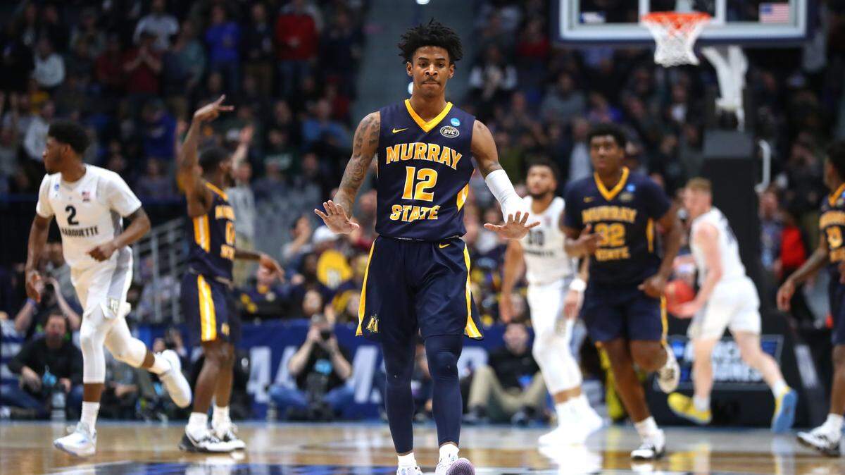 HARTFORD, CONNECTICUT - MARCH 21: Ja Morant #12 of the Murray State Racers celebrates scoring at the end of the first half during the first round game of the 2019 NCAA Men’s Basketball Tournament against the Marquette Golden Eagles at XL Center on March 21, 2019 in Hartford, Connecticut. (Photo by Maddie Meyer/Getty Images)