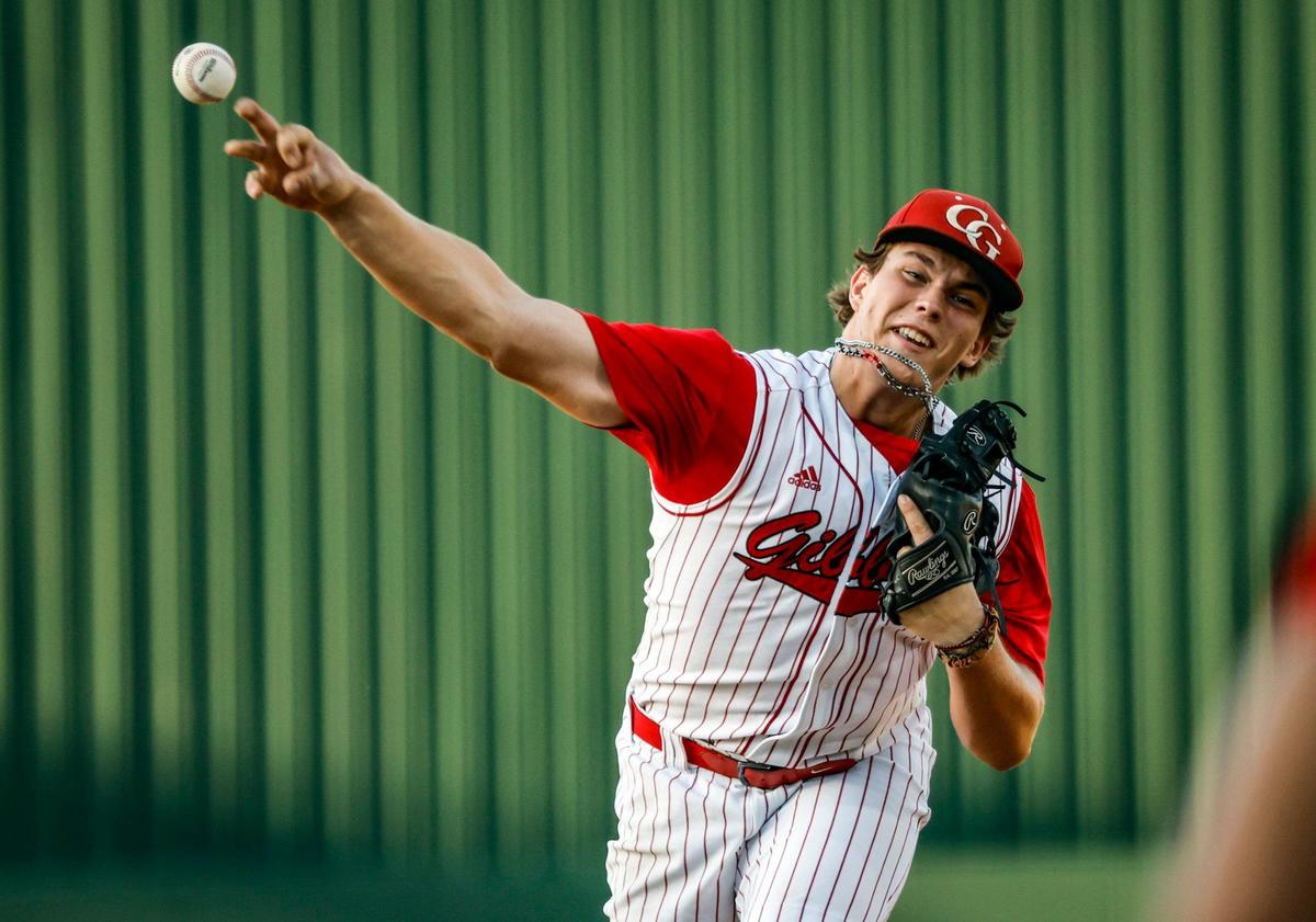 Cardinal Gibbons Chiefs Brenden Trujillo (25) pitches during the game against the South Walton Seahawks in the FHSAA Baseball Class 4A State Final at Hammond Stadium in Fort Myers, Florida on Wednesday, May 22, 2024.