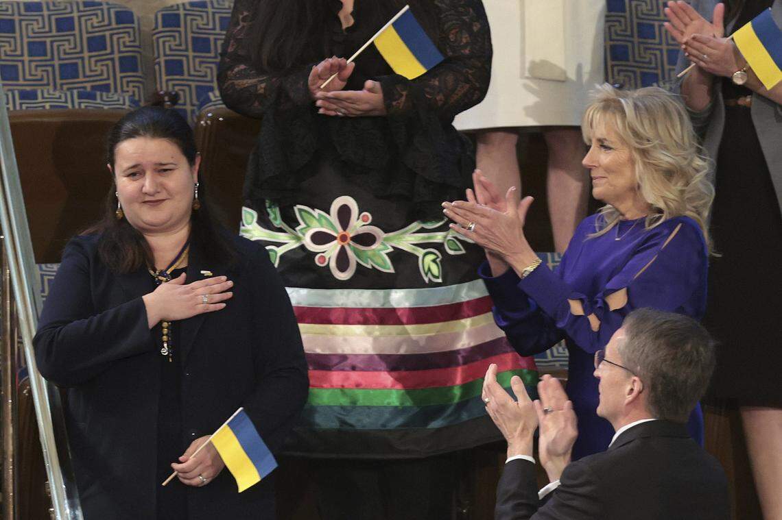 Ukrainian Ambassador to the United States Oksana Markarova, left, is recognized as President Joe Biden delivers his State of the Union address to a joint session of Congress at the Capitol, Tuesday, March 1, 2022, in Washington. First lady Jill Biden and and Intel CEO Pat Gelsinger, applaud right. (Win McNamee, Pool via AP)