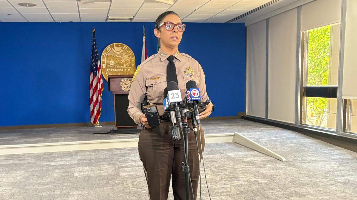 Miami-Dade Sheriff Rosie Cordero-Stutz talks to reporters after asking for more funding before the Miami-Dade County Commission at the Stephen P. Clark Government Center on Wednesday, July 16, 2025.