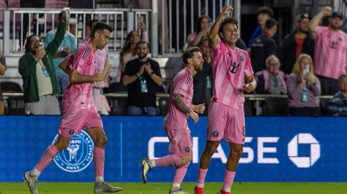 Inter Miami midfielder Telasco Segovia (8) celebrates after scoring a goal during the second half of their MLS match against New York City FC at Chase Stadium on Saturday, Feb. 22, 2025, in Fort Lauderdale, Fla.