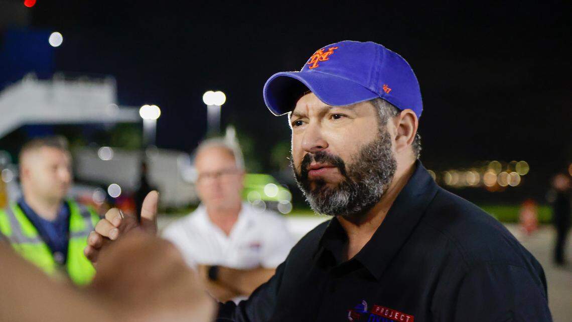 Project Dynamo CEO Bryan Stern talks to the press after bringing 270 evacuees from Israel including 91 children and four dogs to Tampa International Airport on Sunday, Oct. 15, 2023.