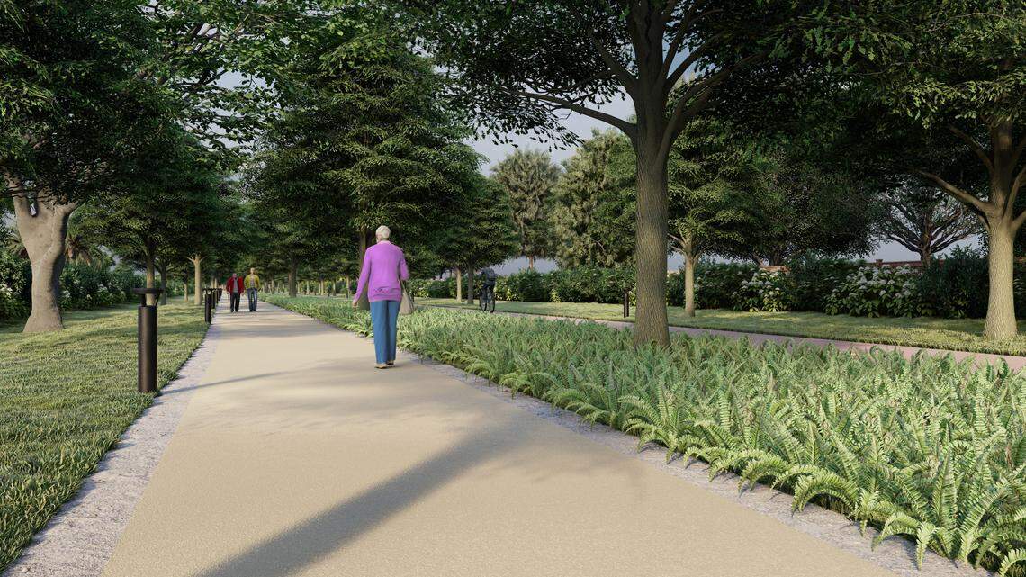 An artist’s rendering shows separated paths for walking and for cycling and new trees and landscaping along the planned Ludlam Trail.