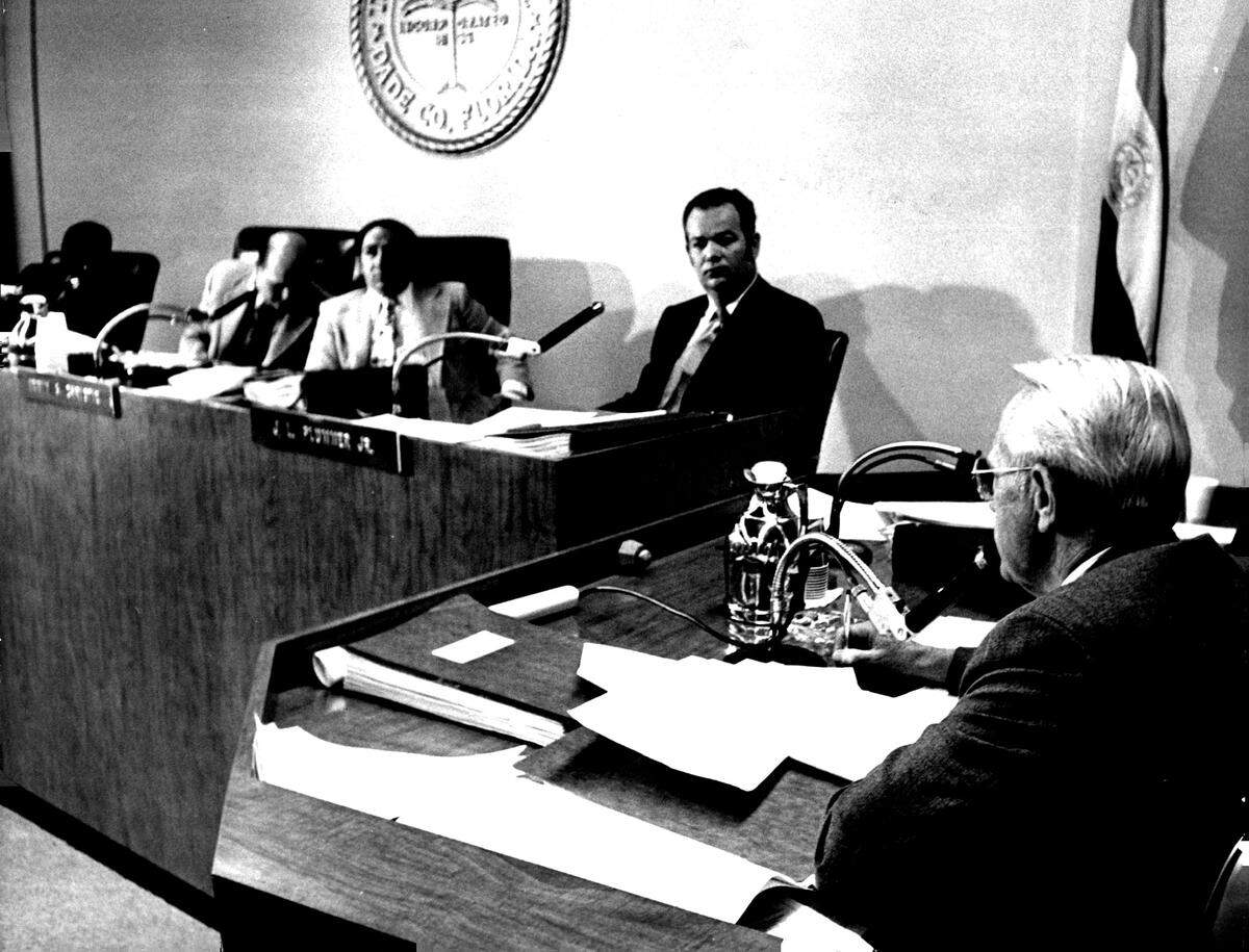 Miami City manager Melvin Reese speaking to Miami Commission on the $39.8-million park bond issue, which was passed March 14, 1972. A golf course was named after the manager, Melreese, which is now Freedom Park where the new city hall is being built.