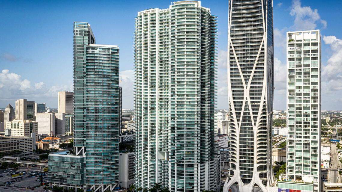 900 Biscayne Bay is the rectangular-shaped building in the middle of a row of condo towers on Miami’s waterfront (LoopNet).