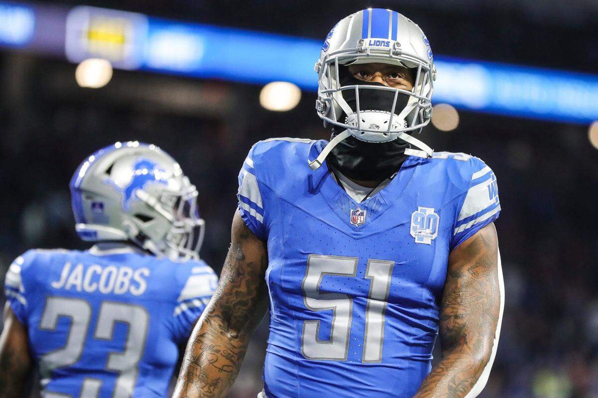 Detroit Lions linebacker Bruce Irvin warms up before the Denver Broncos game at Ford Field in Detroit on Saturday, Dec. 16, 2023.