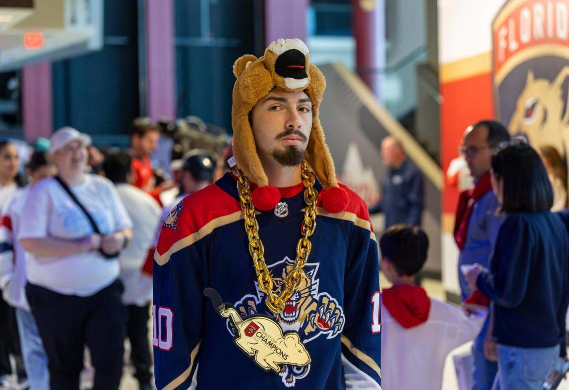 Florida Panthers fan Aiden Berthiaume walks through Amerant Bank Arena during a watch party before his team plays against the Edmonton Oilers in Game 1 of the NHL Stanley Cup Final on Wednesday, June 4, 2025, in Sunrise, Fla.