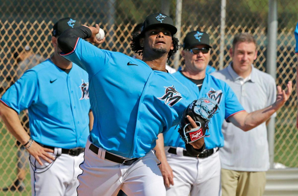 Miami Marlins pitcher Edward Cabrera (73) throws during the first full-squad spring training workout at Roger Dean Stadium on Monday, February 17, 2020 in Jupiter, FL.