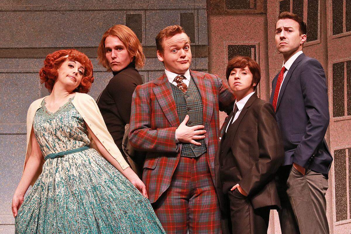 From left, Leah Sessa, Clay Cartland, Wesley Slade, Krystal Millie Valdes and Cliff Burgess get their farce on in ‘One Man, Two Guvnors’ at Actors’ Playhouse.