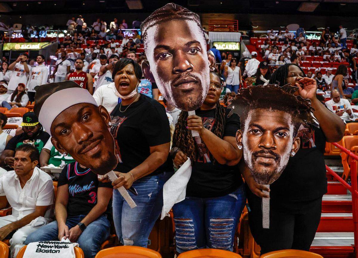 Miami Heat fans LaTrisha Smith, Nesha Smith and Brittney Smith, left to right, show their support before the start of the game against the Boston Celtics in Game 4 of the NBA Eastern Conference Finals at the Kaseya Center in Miami on Tuesday, May 23, 2023.