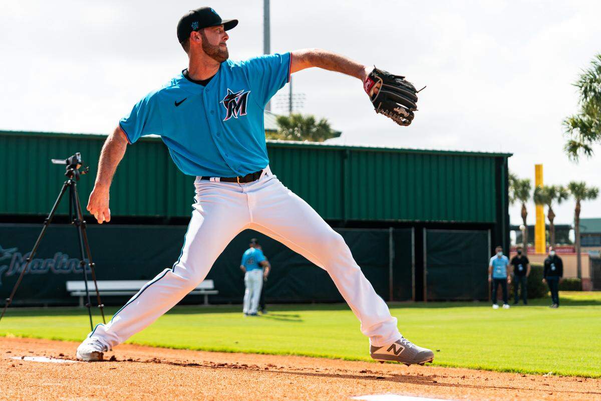Miami Marlins Dylan Floro on the first day of Spring Training on February 18, 20201 at the Miami Marlins Spring Training facility at Roger Dean Chevrolet Stadium in Jupiter, Florida.