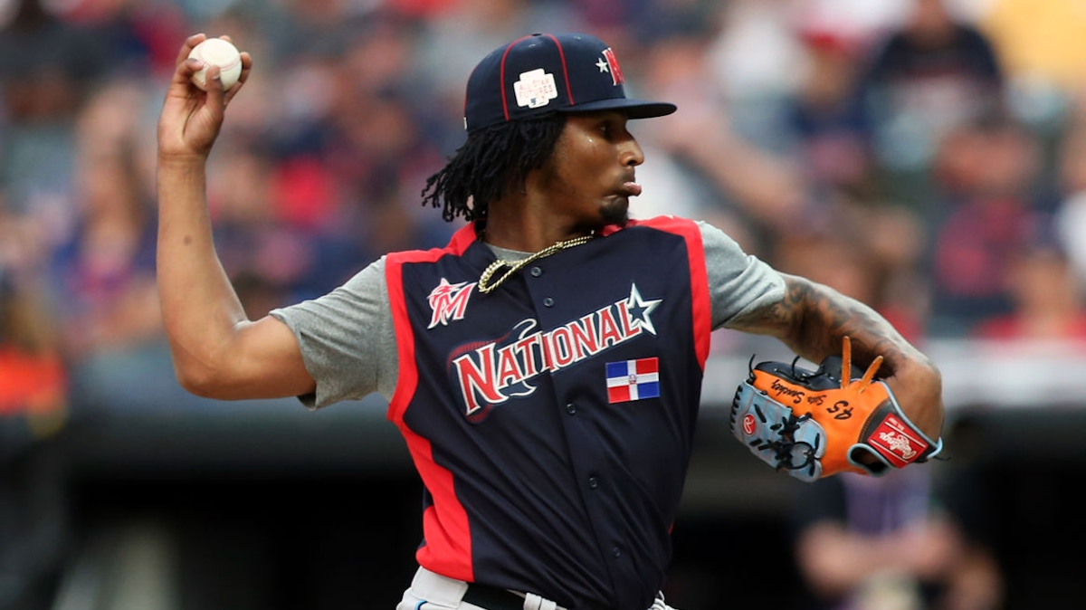 Sixto Sanchez, pitching here for the National League Futures Team on July 7 in Cleveland, has pitched very well recently and is considered the Marlins’ top pitching prospect.