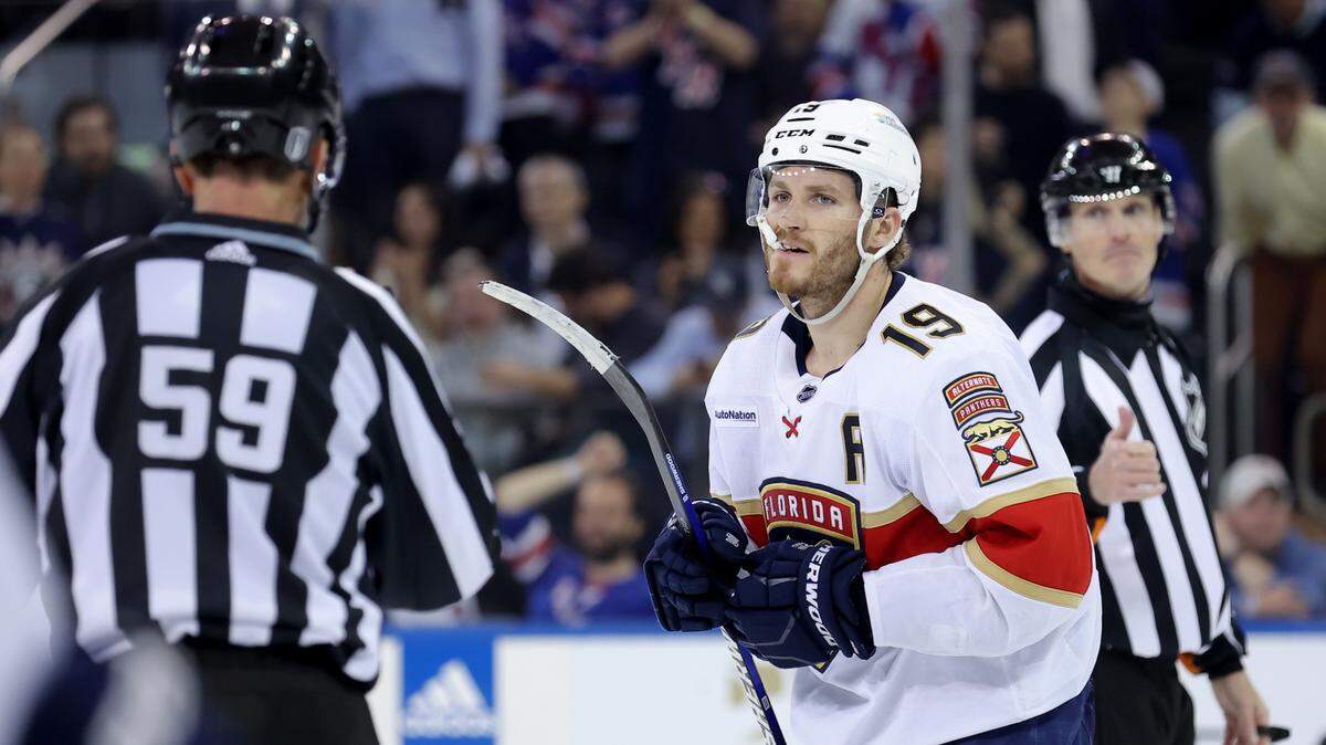 May 22, 2024; New York, New York, USA; Florida Panthers left wing Matthew Tkachuk (19) reacts after a too many men on the ice penalty during the third period of game one of the Eastern Conference Final of the 2024 Stanley Cup Playoffs against the New York Rangers at Madison Square Garden. Mandatory Credit: Brad Penner-USA TODAY Sports