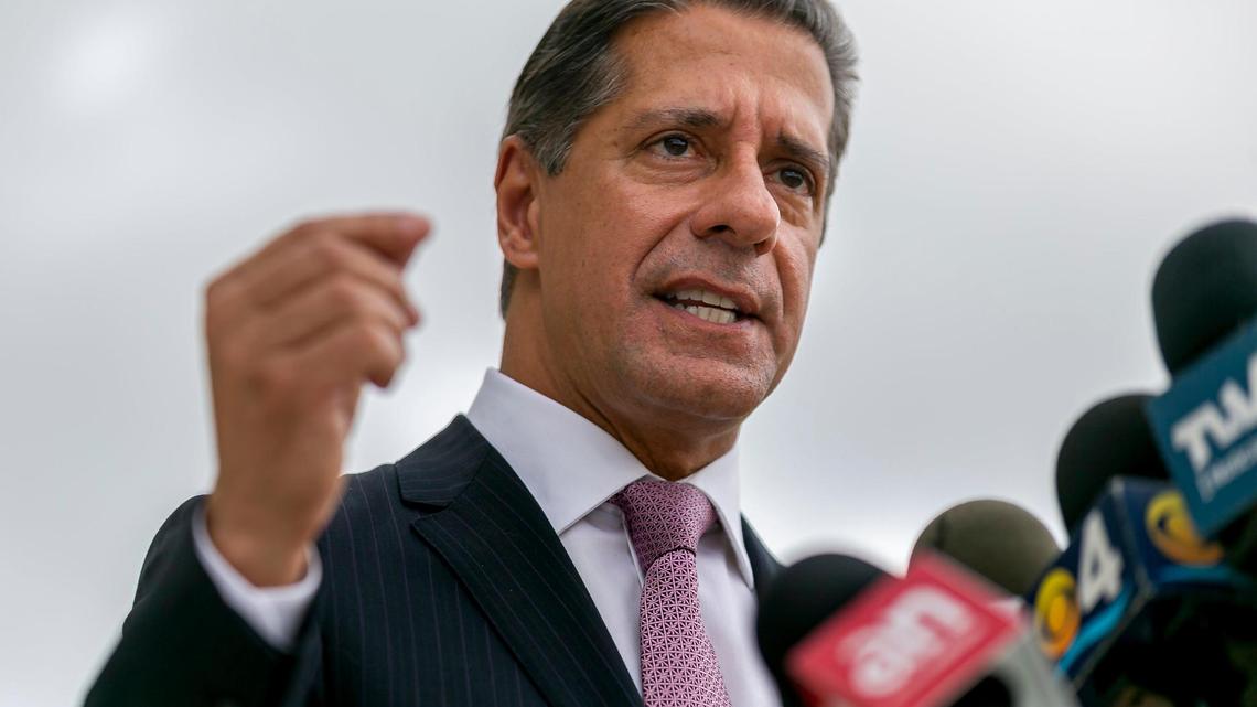 Miami-Dade School Superintendent Alberto Carvalho speaks at a press conference during the first day back at school at Andrea Castillo Prep K-8 in Doral, Florida on Monday, October 5, 2020. Schools reopened for pre-k, kindergarten, first grade and for students with disabilities on a modified curriculum who have opted for in-person learning.