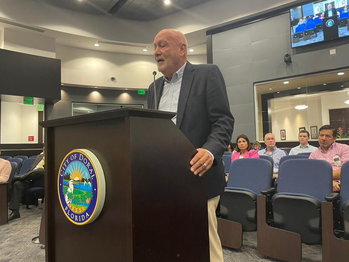 Ed Russo, a representative of former President Donald Trump, speaks to the Doral City Council on Wednesday, Dec. 7, 2022, about Trump’s offer to surrender development rights for his Doral resort’s Blue Monster golf course. The council accepted the conservation easement.