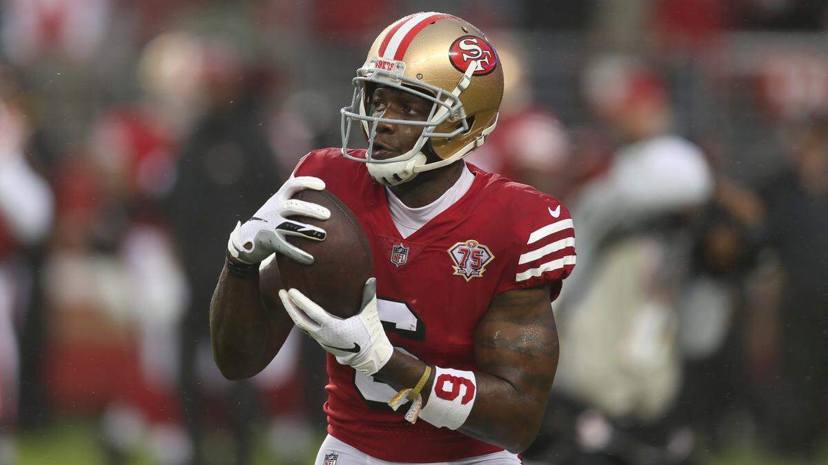 San Francisco 49ers wide receiver Mohamed Sanu Sr. (6) warms up before an NFL football game against the Indianapolis Colts in Santa Clara, Calif., Sunday, Oct. 24, 2021. (AP Photo/Jed Jacobsohn)