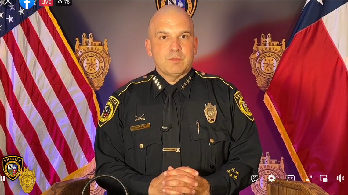 Bexar County Sheriff Javier Salazar addresses the media during a Facebook Live in which he announced a criminal investigation into the state of Florida flying roughly 50 migrants from San Antonio to Martha’s Vineyard.