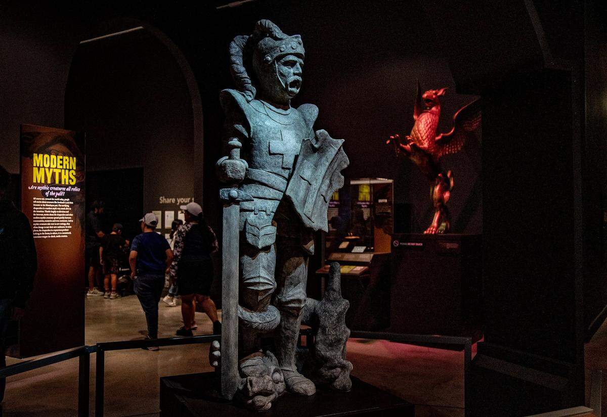 View of a statute of Saint George and the Dragon part of the “Mythic Creatures: Dragons, Unicorns & Mermaids”, exhibition on display at the HistoryMiami Museum, The exhibition opening on July 8th, traces the natural and cultural roots of some of the world’s most enduring mythological creatures from Asia, Europe, the Americas, and beyond, and even how Miamians embrace their own mythic fantasies. Organized by theAmerican Museum of Natural History in New York, on Saturday, July 08, 2023.