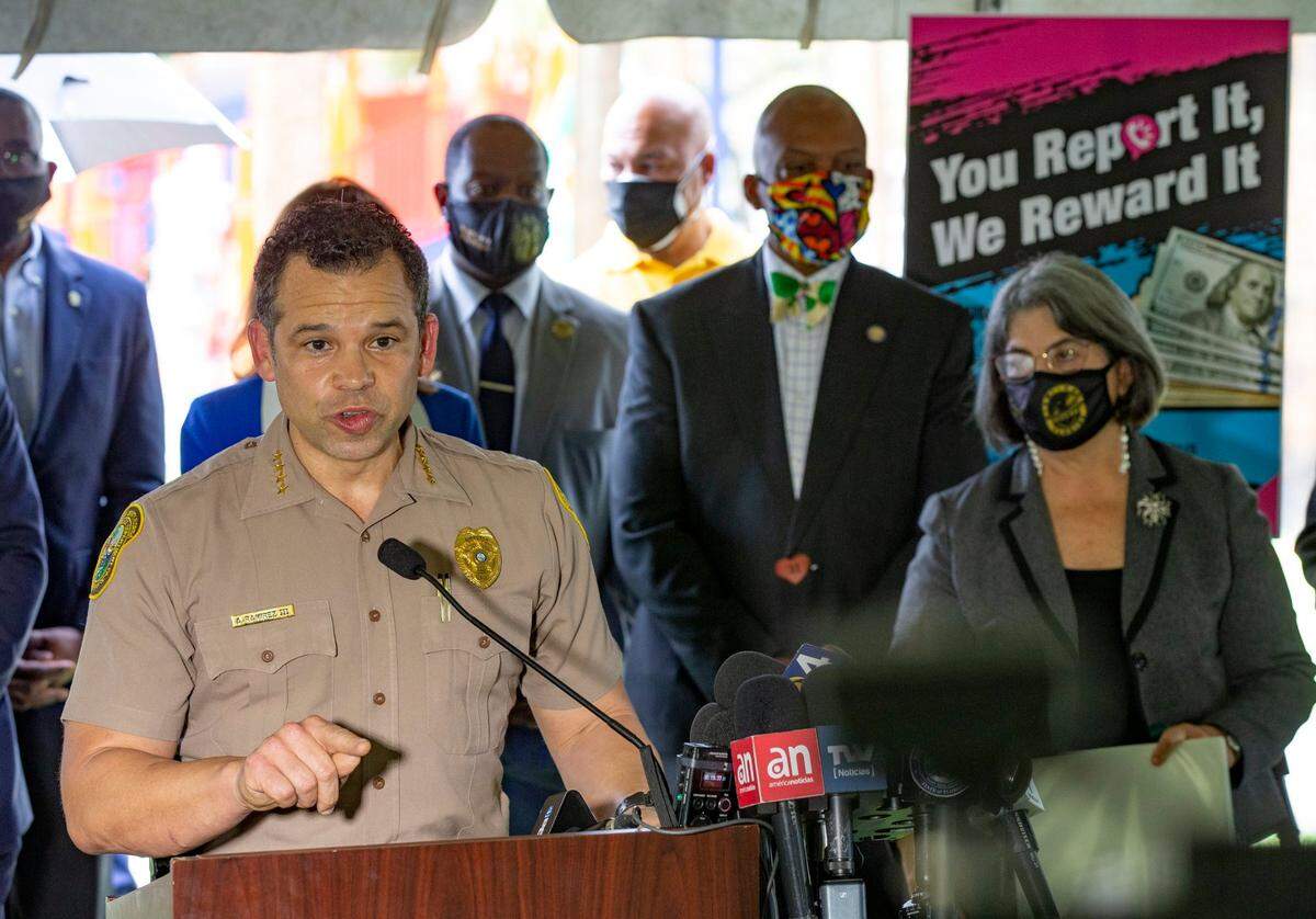 Miami-Dade Police Director Alfredo “Freddy” Ramirez, along with other community leaders, speaks at a press conference about the gun violence epidemic in Miami-Dade County and about the ongoing investigation into the murder of 6-year-old Chassidy Saunders, one month after she was killed by gunfire. The press conference was at Olinda Park on Tuesday, Feb. 16, 2021.