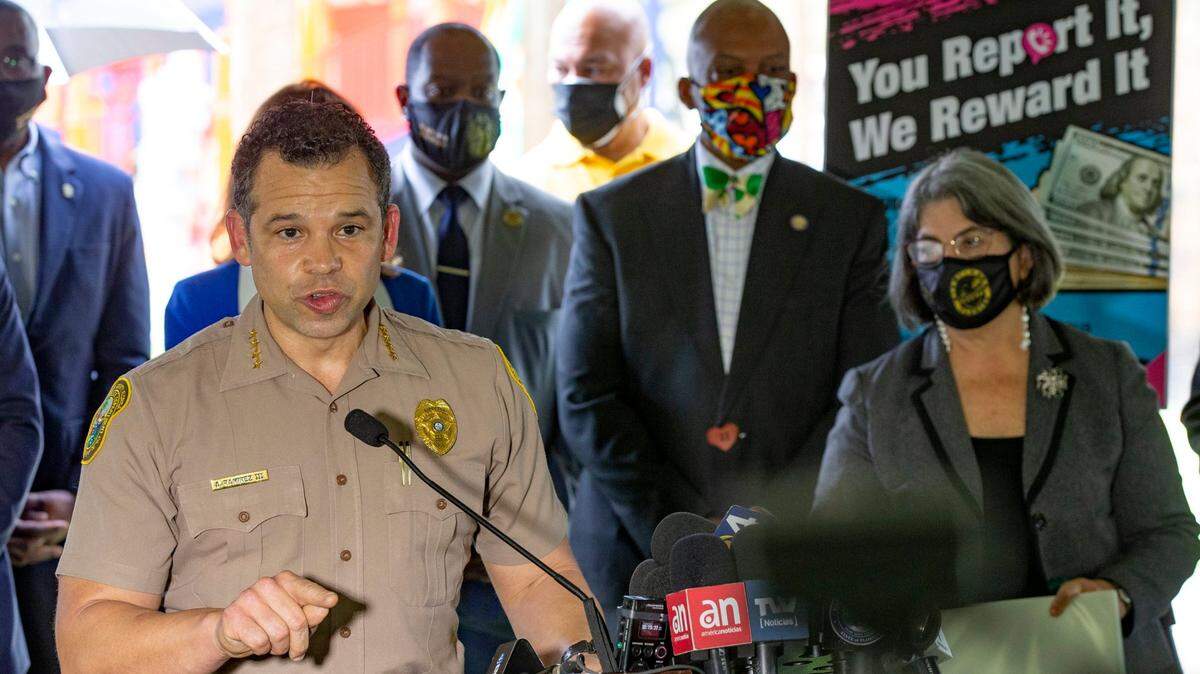 Alfredo “Freddy” Ramirez III at a 2021 press conference with Mayor Daniella Levine Cava, about a year before she appointed him to a civilian position overseeing both police and the county’s fire department. On July 6, 2022, she announced Ramirez would return as the county’s police director, but continue overseeing the Fire Rescue Department as well.