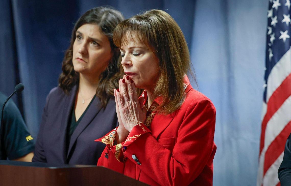 Miami-Dade State Attorney Katherine Fernandez Rundle reacts during a press conference announcing the arrest of the Alexander brothers on Wednesday, Dec. 11, 2024. The three brothers, once real estate brokerage stars, were arrested early Wednesday morning in their Miami Beach homes. They are facing state and federal sex trafficking and rape crimes. At left is Natalie Snyder, division chief of the sexual battery and child abuse unit.