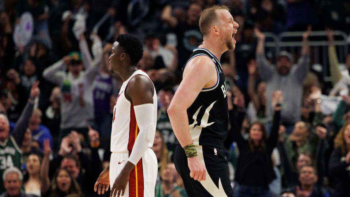 Apr 19, 2023; Milwaukee, Wisconsin, USA; Milwaukee Bucks forward Joe Ingles (7) reacts after scoring a basket during the second quarter against the Miami Heat during game two of the 2023 NBA Playoffs at Fiserv Forum. Mandatory Credit: Jeff Hanisch-USA TODAY Sports