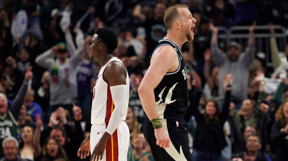 Apr 19, 2023; Milwaukee, Wisconsin, USA; Milwaukee Bucks forward Joe Ingles (7) reacts after scoring a basket during the second quarter against the Miami Heat during game two of the 2023 NBA Playoffs at Fiserv Forum. Mandatory Credit: Jeff Hanisch-USA TODAY Sports