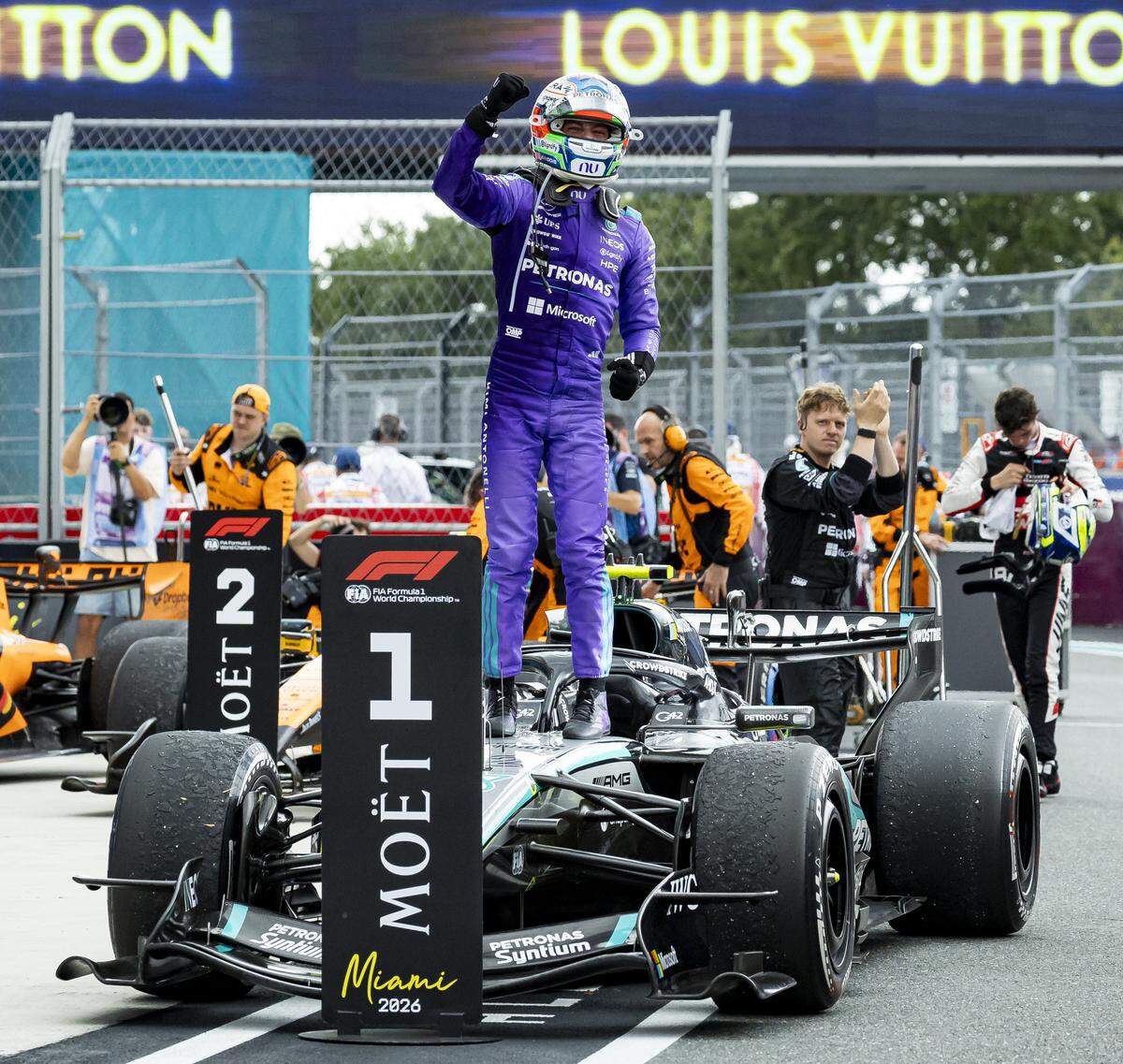 Formula 1 Crypto.com Miami Grand Prix winner Kimi Antonelli celebrates after pulling his car into the winner’s postrace position after the race at the Miami International Autodrome on Sunday, May 3, 2026, in Miami Gardens, Fla.